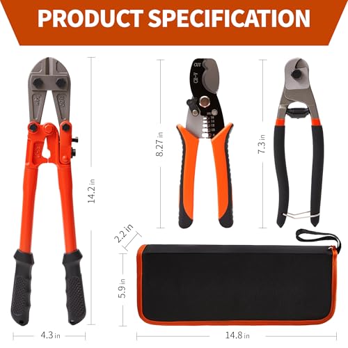3-Piece Bolt Cutter Set, 14" Wire Cutters Heavy Duty 8" Mini Bolt Cutters