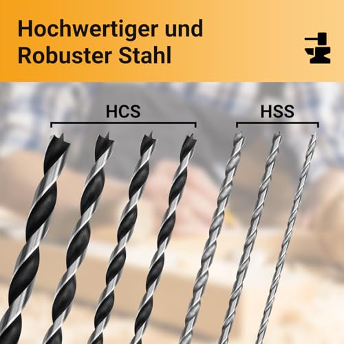 Wood Drill Bit Set 7-Piece HSS-G Auger Drill Bit Set | Wood drill bit long, diameter 4 mm, 5 mm, 6 mm, 7 mm, 8 mm, 10 mm, 12 mm x 230 mm 7-piece wood drill set