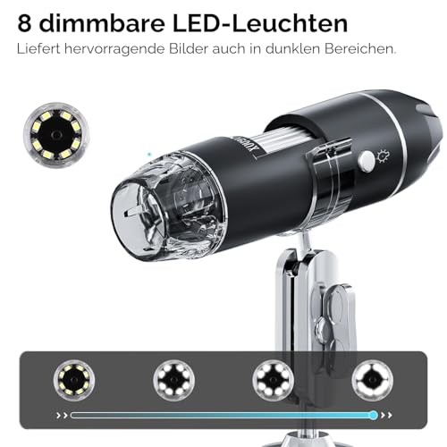 USB Digital Microscope, SKYBASIC Handheld HD Inspection Camera with 50x to 1600x Magnification and Adjustable Stand, 8 LED Lights, Compatible with iOS and Android Devices black