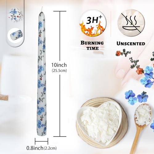 Taper Candle Sticky Dots, 24 Pack White Wax Unscented Traceless Adhesive Dots for Secure Candle Placement DIY Projects, with 4Pcs 10 Inch Handmade Blue Red Flower Floral Spiral Taper Candlesticks for