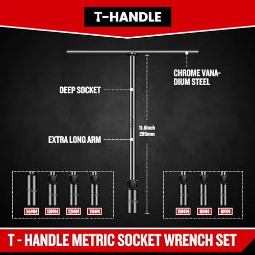 T-Handle Wrench Socket Set, Cr-V Steel T Wrench Set Metric Size 6mm to 14mm, Wrench Tool Socket with Long Reach for Motorcycle Dirtbike Bicycle Repair (7 Pack) 7 Pack