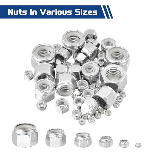 225Pcs Nylon Locking Hex Nuts Kit - [#4,#6,#8,#10,1/4",5/16",3/8",1/2"], 304 Stainless Steel Hardware Nuts, Silver, for Automotive, Aerospace, Industrial Applications Use