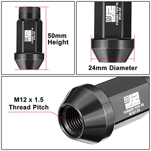 J2 Engineering J2-LN-T7-037-15-BK M12 x 1.5 T6-7075 Aluminum 24mm x 50mm Closed End Lug Nuts w/Deep Drive Extension Adapter,Black