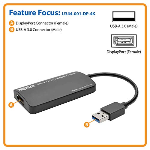 Tripp Lite USB 3.0 SuperSpeed to DisplayPort Dual-Monitor External Video Graphics Card Adapter, 512 MB SDRAM, 4K x 2K (U344-001-DP-4K) DisplayPort Dual Monitor (4K x 2K)