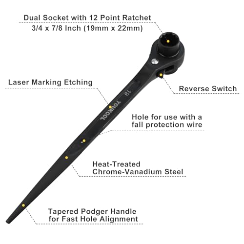 2-Pack 19mm x 22mm OR 3/4"×7/8" Ratcheting Scaffold Podger & Spud Wrench – 12-Point Double Ended Socket, Heavy-Duty Cr-V Steel Scaffold Tool,Black 2PC 19×22mm（Black)