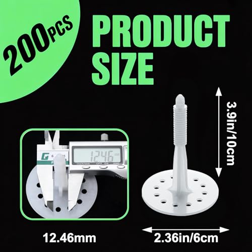200 Pcs 4" Plastic Insulation Masonry Fasteners, Heavy Duty White Foam Board Anchors for Fixing and Fastening Rigid Foam Insulation Board Panels