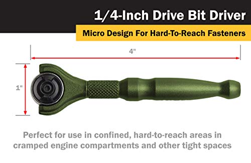 Titan Tools 11325 1/4-Inch Drive x 4-Inch 90-Tooth Swivel Head Micro Ratcheting Bit Driver - Green Swivel Head - Green