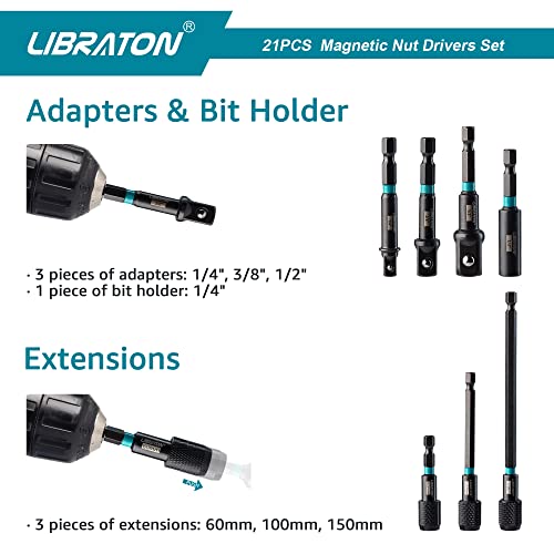 LIBRATON 21PCS Magnetic Nut Driver Set, Impact Drill Driver Bit Set 1/4"