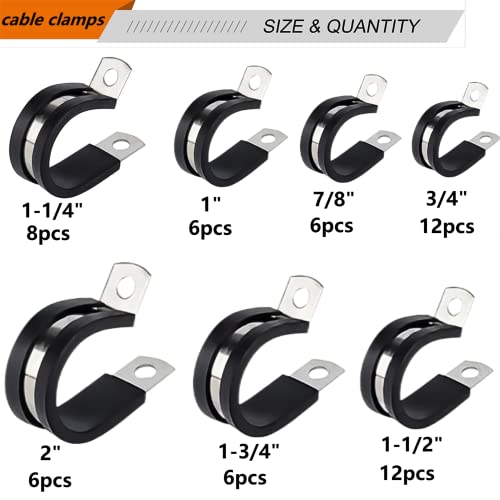 56PCS Large Stainless Steel Rubber Coated Cushioned Insulated Cable Clamps Assortment Kit - Automotive & Pipe Clamps in 7 Sizes - 3/4" to 2"