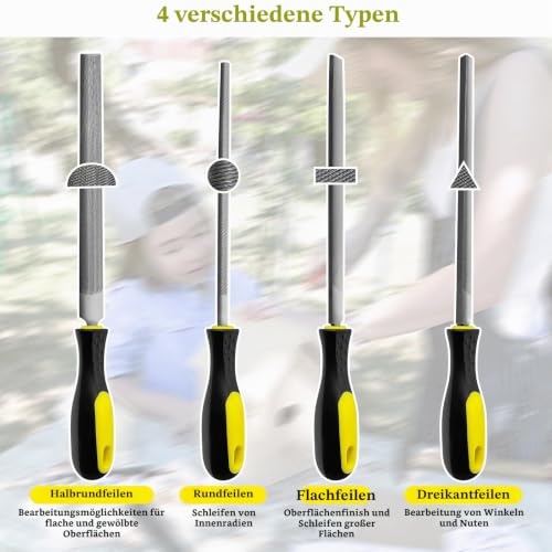 Set of 4 Files, 8 Inches, 200 mm Metal File Set, Includes Flat File, Round File, Half Round File, Triangular File, Mobile Phone Tools for Fine Finishing, for Workshop and DIY