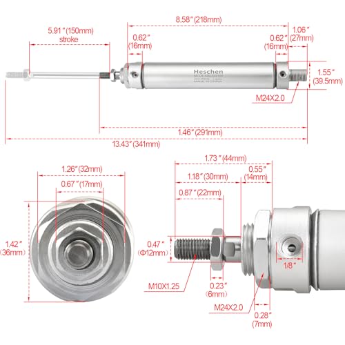 Heschen Pneumatic Slim Air Cylinder, MAL 32-150, PT1/8'' Port, 32mm Bore, 150mm Stroke, Double Acting