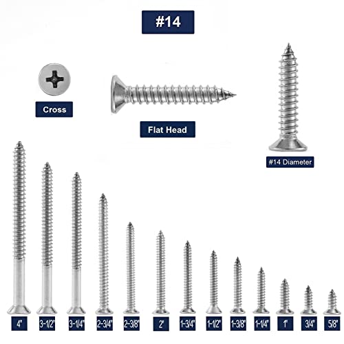 #14 x 4 Wood Screw 100Pcs 18-8 (304) Stainless Steel Screws Flat Head Phillips Fast Self Tapping Drywall Screws by SG TZH #14 x 4"