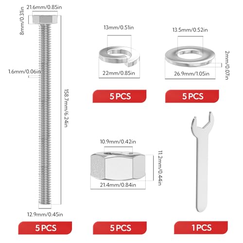 5PCS 1/2-13" x 6" 304 Stainless Steel Fully Threads Bolt, Hex Head Bolts with Nut Spacer and Spanner 1/2-13" x 6"