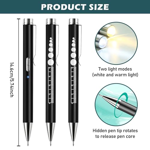 3PC Medical Diagnostic Light, Pupil Light, Rechargeable LED Pupil Light with USB Cable, Medical Pupil Light with Pupil Meter & Ruler & Writeable Lead