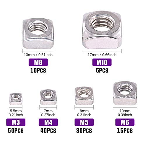 Swpeet 100Pcs 304 Stainless Steel Serrated Metric Acorn Cap Nuts Hex Dome Cap and 150Pcs 304 Stainless Steel 6 Sizes Metric Square Nuts Assortment Kit