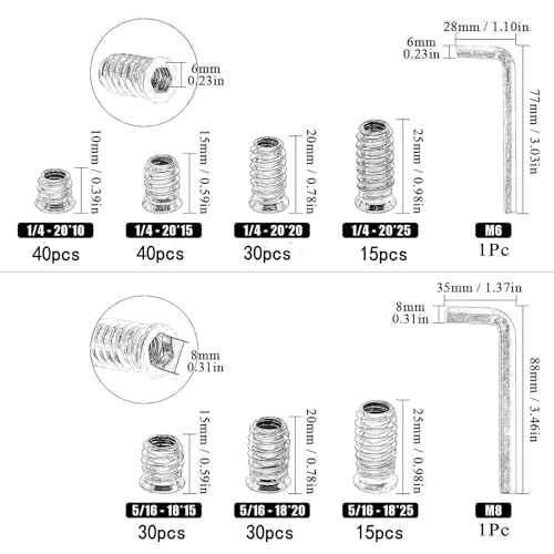 200pcs Threaded Inserts for Wood,1/4"-20 5/16"-18 Screw in Nut Kit,10 Sizes 1/4"-20 / 5/16"-18 Assortment Kit