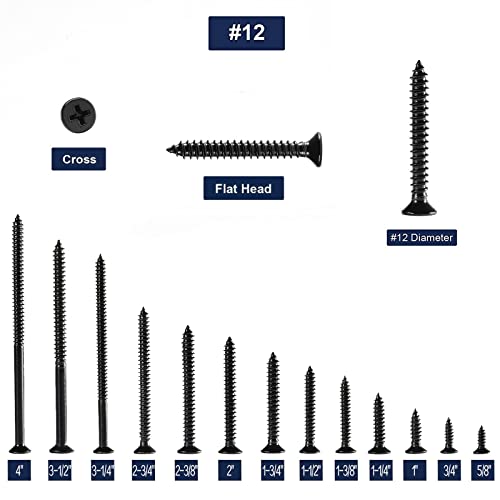 #12 x 2-3/4" Wood Screw 100Pcs 18-8 (304) Stainless Steel Screws Flat Head Phillips Fast Self Tapping Drywall Screws Black Oxide by SG TZH #12 x 2-3/4"