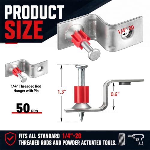 Hicarer 50 Pack 1/4-20 Threaded Rod Hangers with Pre-Assembled Drive Pins, Zinc Plated Z-Clips with Orange Flute Washer for Ceiling Concrete, Steel, Pro Grade for Electrical and HVAC 1/4-20 Inch