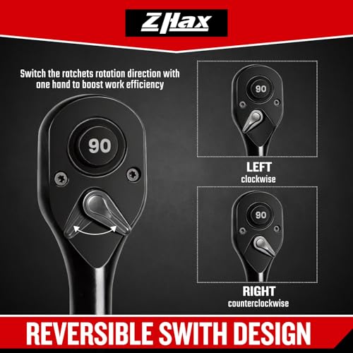 zhax 10-Piece Ratchet Set, 1/4”, 3/8”, 1/2” Drive 90-Tooth Ratchets & Accessories, Quick Release Reversible Ratchet Wrenches with Extension Bars & Socket Adapters for Repairing Home DIY