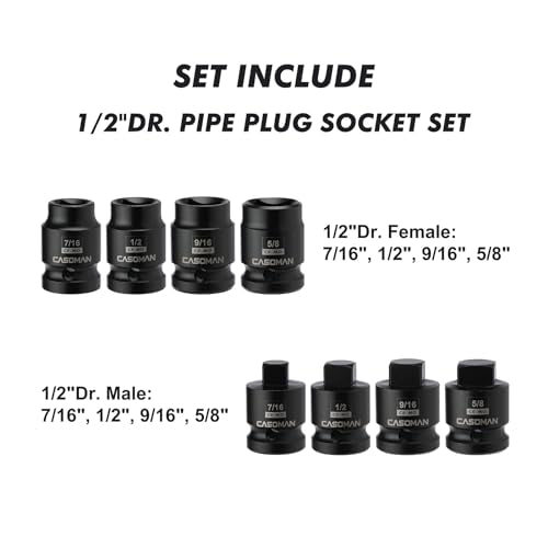 CASOMAN 8PCS 1/2-Inch Drive Pipe Plug Socket Set, Cr-Mo, SAE, Male/Female Set, 7/16", 1/2", 5/8", 9/16", Tapered Male Square Drive, Chamfered Female Square Drive 1/2"Dr.