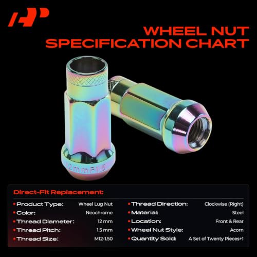 A-Premium Front & Rear M12-1.50 Wheel Lug Nuts with Socket Key, Set of 21