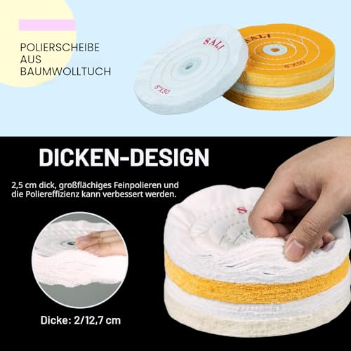 SALI Pack of 4 Polishing Discs Set for Drill and Polishing Stand, 150 mm Buffing Discs with Polishing Paste Kit for Metals & Wood, Yellow, White Cotton & 50-Ply Cotton Polishing Discs 6" - 4pcs Set of 4 6 inch polishing discs
