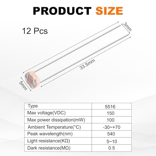 sourcing map 12 Pieces Photoresistor Kit 5mm Light Dependent Resistor (LDR) Light Sensitive Resistor Passive Components for DIY Industrial Experiments, GL5516 5~10KΩ