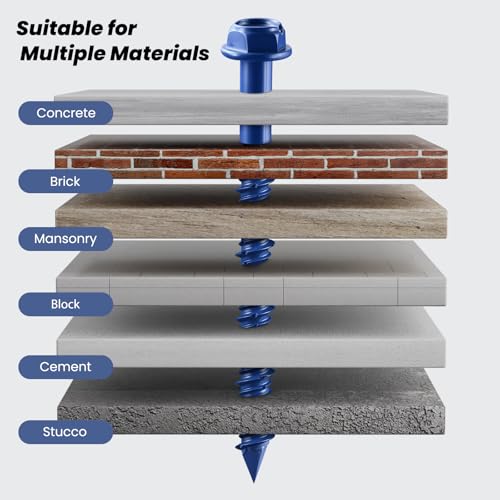 100Pcs 1/4 x 2-1/4 Inch Concrete Screws Anchor with Drill Bit, Blue Hex Head Masonry Brick Stucco Cement Block Screws, Diamond Point 1/4"x2-1/4" Blue-Hex Head 100