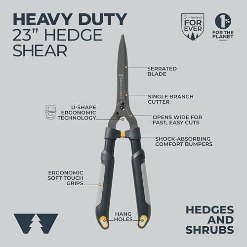 Woodland Tools Heavy Duty Hedge Shears, 23 Inch Manual Hedge Clippers with 10 Inch Lever-Assist Blades and Non Stick Coating, Branch Trimmer for Dense Shrubs and Overgrown Hedges