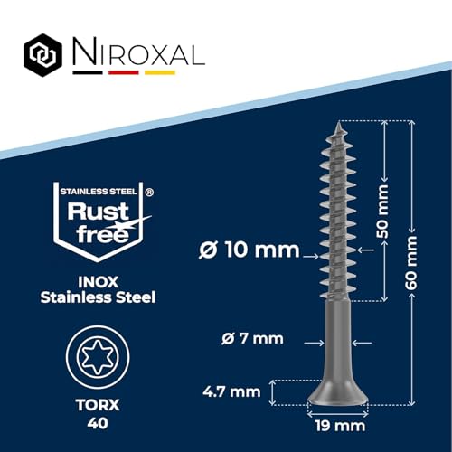 #24-2-3/8" Exterior Wood & Fence Screws 10x60mm Stainless Steel Flat Head Deck Screws Partial Thread 10mm Strong 60mm Long 50 Pieces Rust Resistant A2 60 mm ≈ 2.36 in