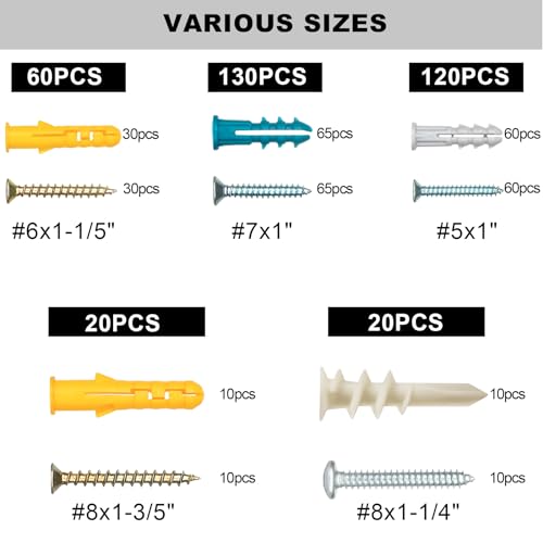 KURUI Drywall Anchors and Screws Assortment Kit, Plastic Wall Anchors and Flat Head Screws