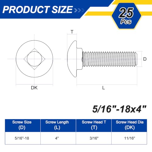 25Pcs 5/16"-18x4 Carriage Bolt 304SS, Silver 5/16"-18x4" 25