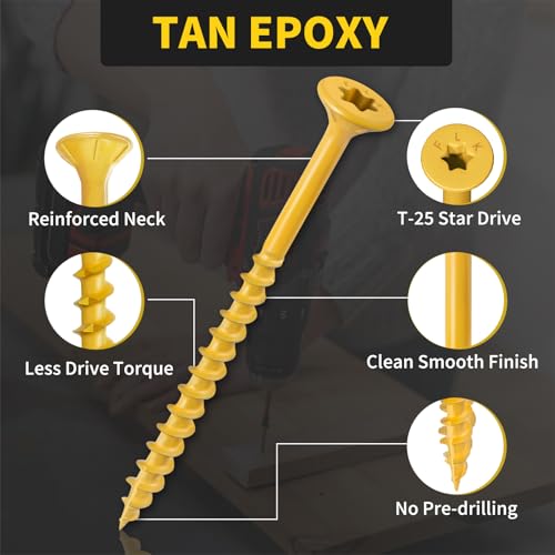 Wood Screws #10 x 3 310PCS #10 x 5 105PCS, FIXLINK Deck Screws, Epoxy Coated, T25 Star Bit Above 1500 Hour Salt Spray Coating Outdoor Decking Screws Excellent Rust Resistant for Wood Fence, Tan