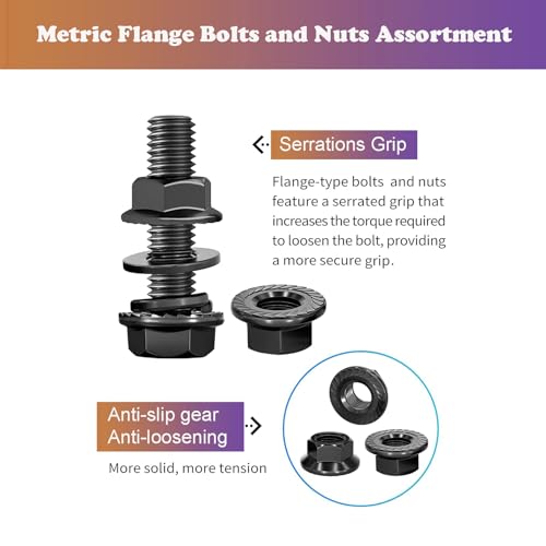 371PCS Flange Hex Black Bolts and Nuts Assortment Kit M6x1.0 M8x1.25 M10x1.5 Metric Bolts Nuts Washers Assortment Class 10.9 Alloy Steel Black Zinc Plated,Full Thread