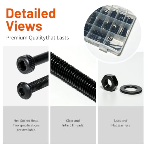 1600PCS Metric M3 Hex Socket Head Cap Screws Kit, Black Oxide Carbon Steel Fasteners with Nuts Washers, 16 Sizes, Storage Case for Electronics DIY Furniture Assembly