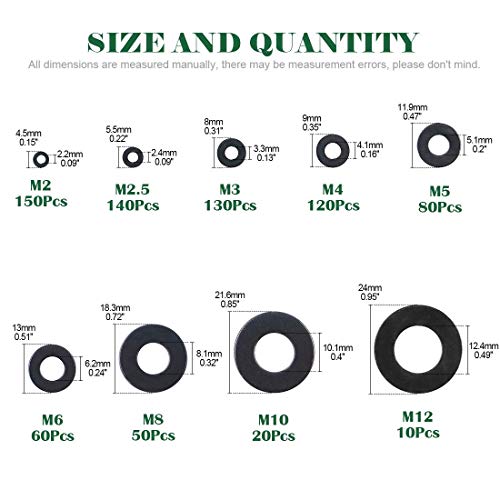 Keadic 1310 Pcs 9 Sizes Spring Lock Washer and Flat Washers Assortment Kit M2 M2.5 M3 M4 M5 M6 M8 M10 M12