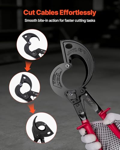 VEVOR Ratcheting Cable Cutter, Spring Steel Blades with Insulated Handles, Quick-Release Button, Heavy Duty Ratchet Cable Wire Cutter for Cutting Copper & Aluminum Cables Up to 800 MCM / 400 mm² 11inch/800 MCM / 400 mm²