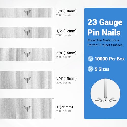 meite 1-3/16" Galvanized 23 Gauge Pin Nails - 10000 Counts and Assorted 5 Sizes (3/8", 1/2", 5/8", 3/4", 1") Galvanized Pin Nails - 10000 Counts