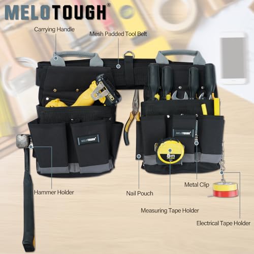 MELOTOUGH Electrician Tool Belt Set, Padded Work Rig with detachable Tool Pouches and Utility Apron, Combo Harness with Carry Handles for Carpenter Construction Tool Belt with Pouch