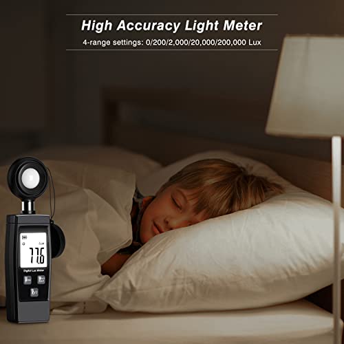 Light Meter, Handheld Lux Meter for Photography Grow Plants Led, Digital Photometer Illuminance Meter Range up to 200,000 Lux, Photo Illuminance Sensor with MAX/MIN Data Hold