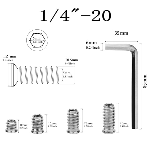 Threaded Inserts for Wood, Screw in Nut Fastener Connector, Steel Hex Drive Nut Inserts for Home Office Furniture (Silver, 1/4"-20 x25mm-100pcs) Silver 1/4"-20 x 0.98" 100