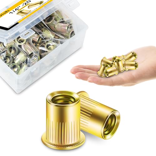 Mywish 200Pcs #10-32 Rivet Nuts & 120Pcs SAE Nylon Insert Lock Nuts Assortment Kit, 6#32 8#32 10#24 10#32 5/16-18 3/8-16 1/2-13 1/4-20 Hex Locknuts Sets, Yellow-Zinc Carbon Steel Flat Head Knurled Bod
