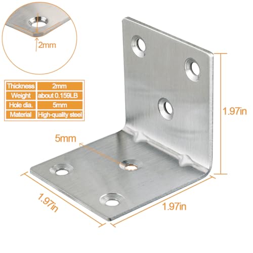 20PCS L Brackets Corner Bracket 2"x2"x2", Heavy Duty Corner Brace for Wood, Right Angle Brackets, 50MM 2Inch Wide 90 Degree Bracket for Wooden Frame Furniture Shelves Chairs 2"x2"(Silver)