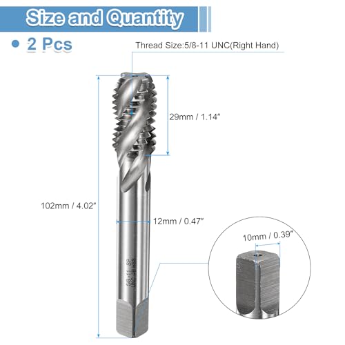 uxcell 2pcs Spiral Flute Thread Taps 5/8-11 UNC 2B Machine Threading Tap Bit, Uncoated Screw Tapping Repair Tool, M2 High-Speed Steel (HSS)