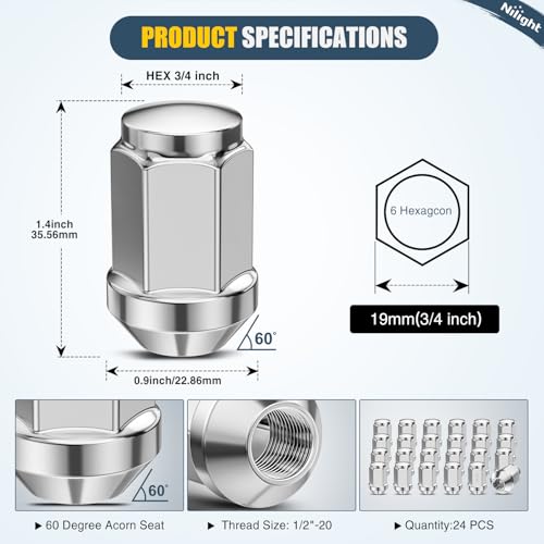 Nilight 24PCS 1/2-20 Lug Nuts Compatible with 1987-2017 Wrangler YJ TJ JK Silver 24PCS Jeep Wrangler 1987-2017 Ranger 1983-2011 1/2"-20