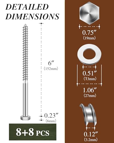 (2Box) 3/8" x 6" Hex Head Lag Screws Bolts with Flat Washers, 16Sets 304 Stainless Steel 18-8 Heavy Duty 3/8 Lag Bolts for Wood with Hex Socket 3/8" x 6" 2-Box