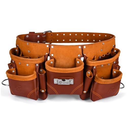 Ap-Leather Real cowhide oil tanned Leather Tool Belt framer Set for Men Carpenters, Framers,Construction Work (Leather Tool Belt with Suspender Maroon) (Maroon Tool Belt) Maroon Tool Belt