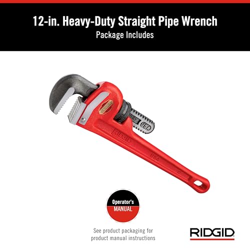 RIDGID 31015 Heavy-Duty Straight Pipe Wrench, 12" Sturdy Plumbing Wrench with Self Cleaning Threads and Hook Jaws, Red, Small 12" Durable