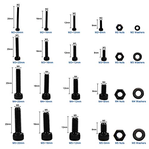NINDEJIN M2 M3 M4 M5 Carbon Steel Hex Socket Head Cap Screw Bolts & Flat Washers & Nuts Assortment Kit (Socket Head + Round Head)