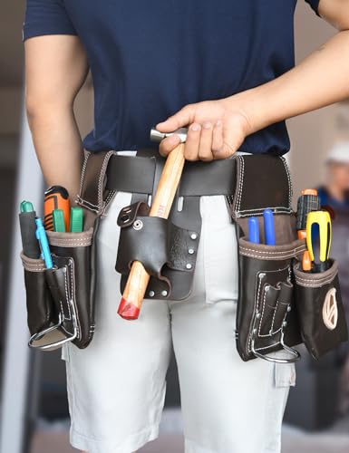 Heavy-Duty Full Grain Leather Tool Belt for Electricians – Multi-Pouch Construction Work Gear with Key Clip, Durable Carpenter Utility Belt for Men (Style 4, Standard) Style 4